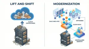 A split-screen isometric illustration comparing two cloud migration strategies. On the left, titled "Lift and Shift," a cluttered, dusty server rack overflowing with folders labeled "Legacy" and "Obsolete" moves into a cloud icon where the data remains equally disorganized and "Untouched." On the right, titled "Modernization," the same chaotic server rack passes through a glowing filter, transforming the mess into organized, futuristic digital cubes. The modernized section includes labels for "SaaS & APIs," "Centralized Identity," "Clean Data," and "Optimized."